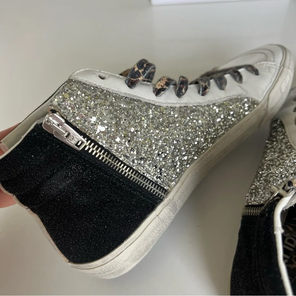 Golden Goose Slide Mid Top Mids Slides Glitter Leather Sneakers NIB
